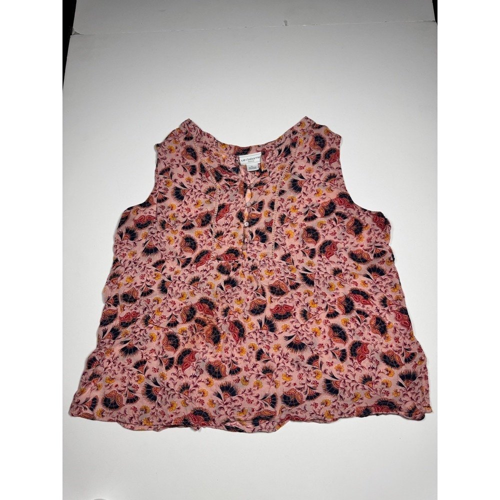 Liz Claiborne Tank Top Womens L Petite Multicolor Floral Rayon Lace Trim Popover